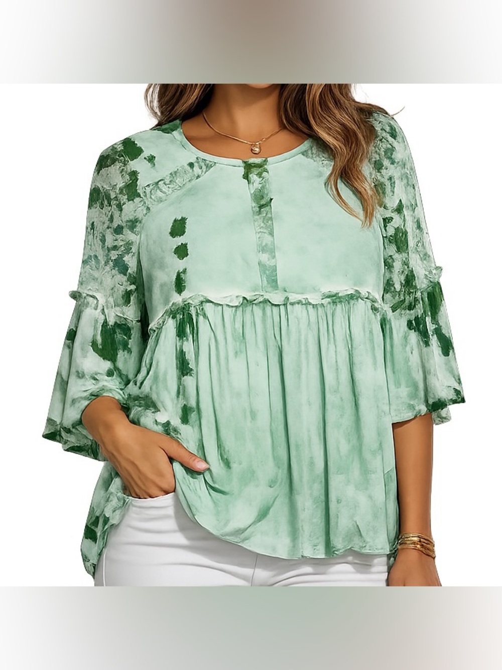 Sacred Threads Bohemian Mint Green Tie Dye Lace Bell Sleeve Babydoll Top Medium